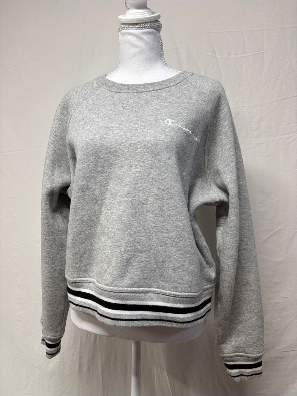 Champion Light Gray Sweatshirt with Black & White Striped Trim